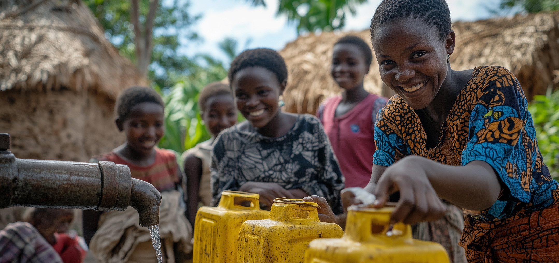 Smiling villagers gathered around watering cans and a well.